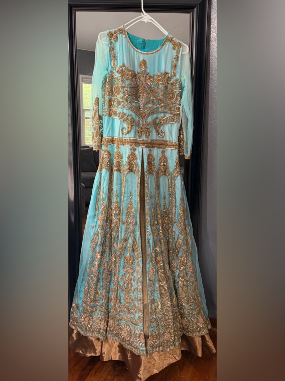 Elegant Aqua Embroidered Maxi Dress with Gold Accents and dupata
